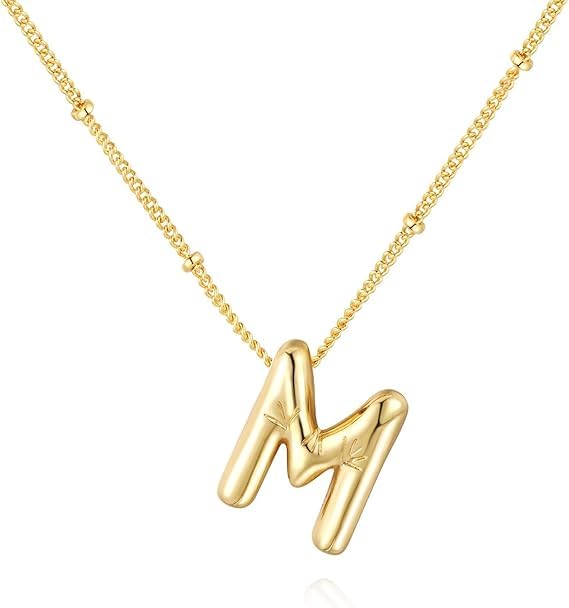 18K Yellow Gold Plated Real Gold Stainless Steel Necklace 26 Letters New Shiny Balloon Big Size A-Z Bubble Initials Wishbone Chain