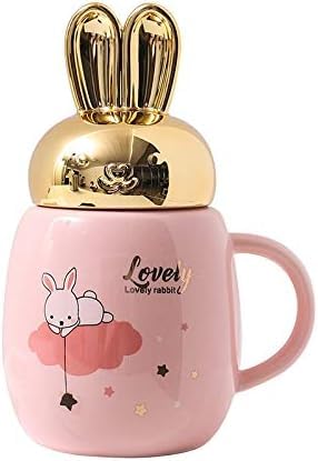 Pink Rabbit Ceramic Mug with Stylish Gold Lid – Cute Coffee or Tea Mug, Lovely Rabbit Design, Perfect for Gifts and Everyday Use.