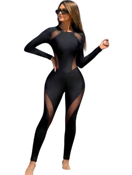 Solid Mesh Paneled Long-Sleeved One-Piece Swimsuit For Beach Vocation Summer