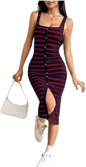 Elegant Square Neck Striped Dress High Elasticity Slim Fit with Side Slit Machine Washable All-Season Versatile Dress Everyday Fashion Durable Design Stretchy Fabric Adult Women