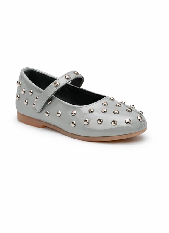Girls Gray Ballerina Mary Jane for Kids – Studded Patent Leather Flat Shoes, Size : 23