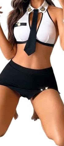 Sexy Police Officer Costume Set, Black and White, Halter Crop Top with Mini Skirt and Tie