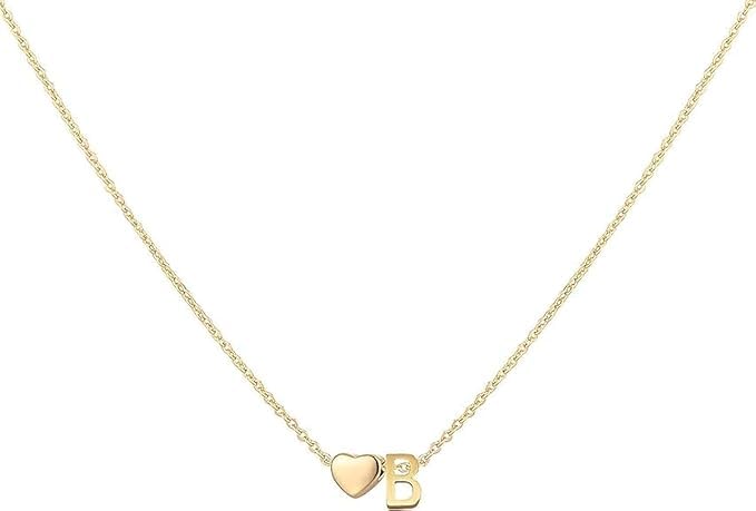 Initial Letter With Heart Pendant Necklace, Gold Plated Chain, Dainty Jewelry