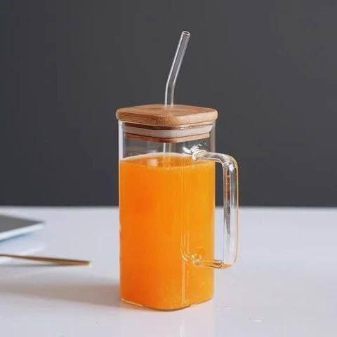 Square Glass Mug with Bamboo Lid and Glass Straw, 400ml, Hot and Cold Resistant, Clear, .bs