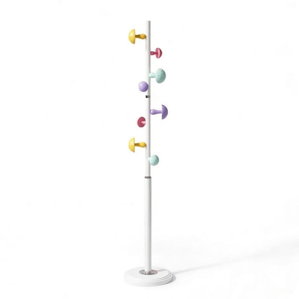 Kids Metal Standing Coat Rack with Mushroom Hooks, Resin Base Clothes Hanger 30cm, Height 167cm, White