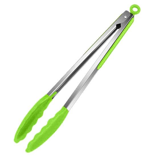 Downtown Professional Silicone BBQ Tongs with Stainless Steel Base, Green Heat-Resistant Grilling Turner, Heavy Duty Non-Scratch Kitchen Tongs for Salad, Meat and Outdoor Barbecue Use