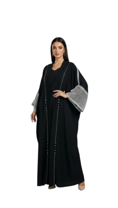 Zeeline Tamara Viscose Beaded Kaftan for Women - Elegant Open Front Abaya with Embroidered Bell Sleeves, Modest Maxi Kimono Overgarment