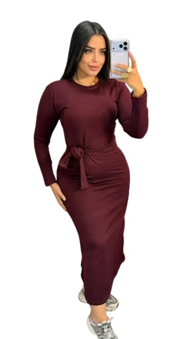 Maxi Dress for Women and Girls long Sleeve Round Neck with Built-in Belt, Cotton