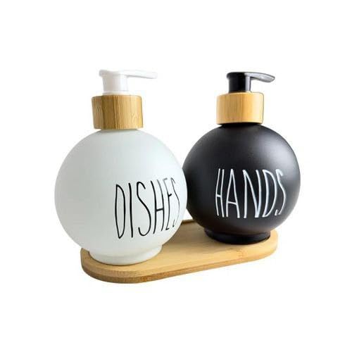 2 in 1 Glass Dispenser Set for Bathroom & Kitchen with Elegant Wooden Stand – Handy & Chic Hand Soap Dispenser Small