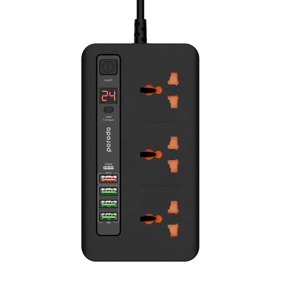 Porodo Multi-Port Power HUB Extension Socket, 4 USB-A/USB-C Ultimate Home & Office Kit 2M Strip (Black)