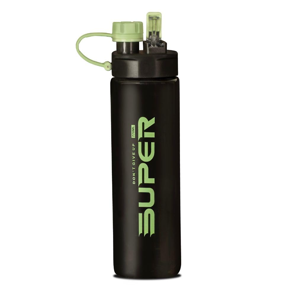 Super Plastic Water Bottle, Motivational Sports Water Bottle with Time Marker, Leak Proof 2 In 1 Mouth Lid and Straw For Gym, Fitness, Home, School and Office, 770 ML (Green Mint)