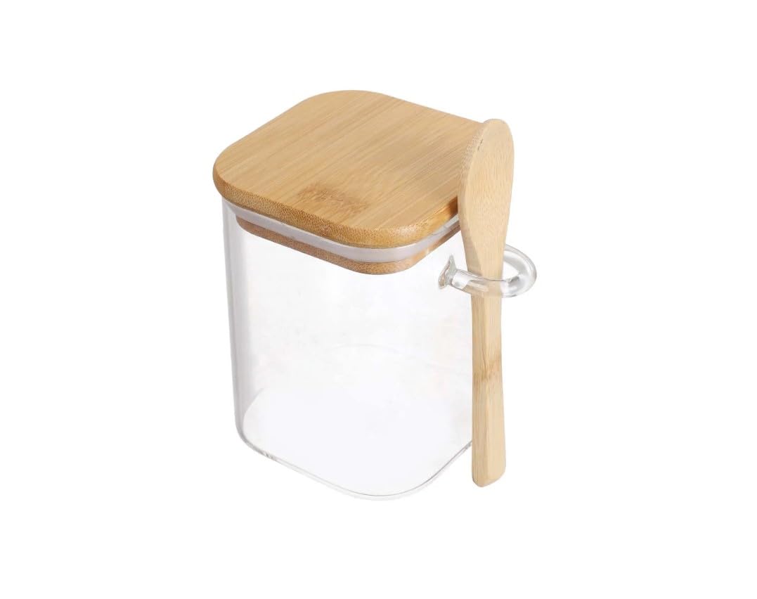 Glass Food Storage Container with Bamboo Lid, White Airtight Canister, Kitchen Storage Jar with Wooden Spoon