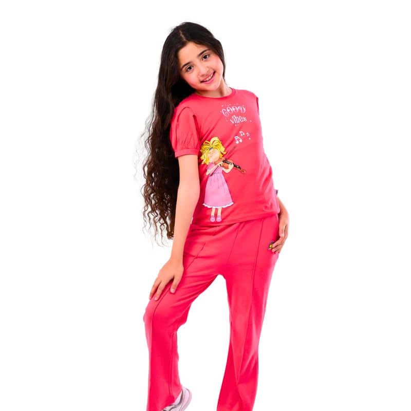Cotton Zone Mooda Moody Girls - cotton outwear set - pink t-shirt with Mooda printed chracter - pink wide legs pants size