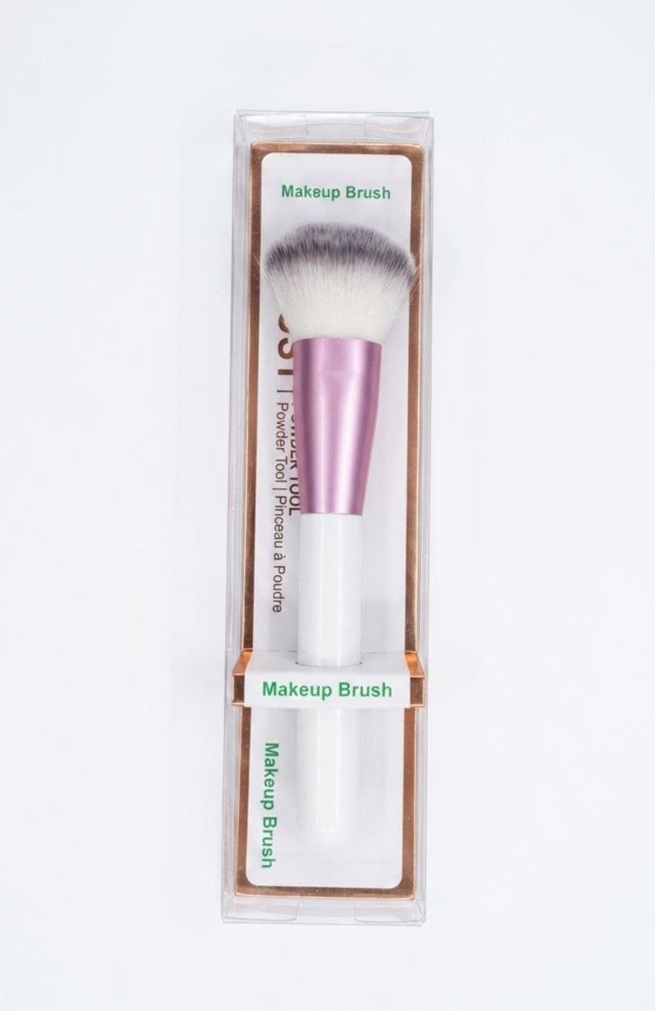 Large, multi-purpose makeup applicator with a rounded head for face, blush, and powder; a delightful multifunctional tool for everyday use - with a white handle and silver bristles.