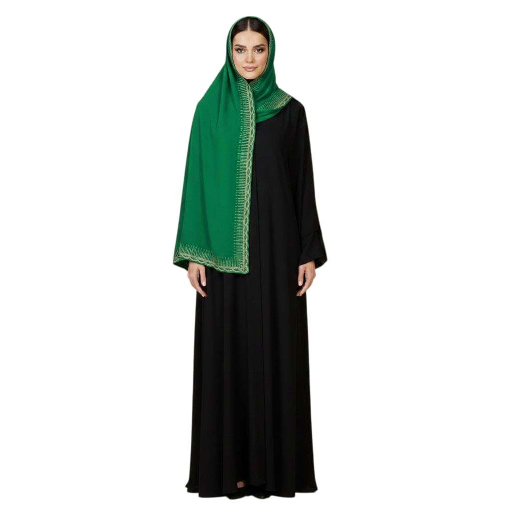 Roma Astress Breathable Hijab with Natural Threads, Green, 200 x 75 cm, Gold Embroidery
