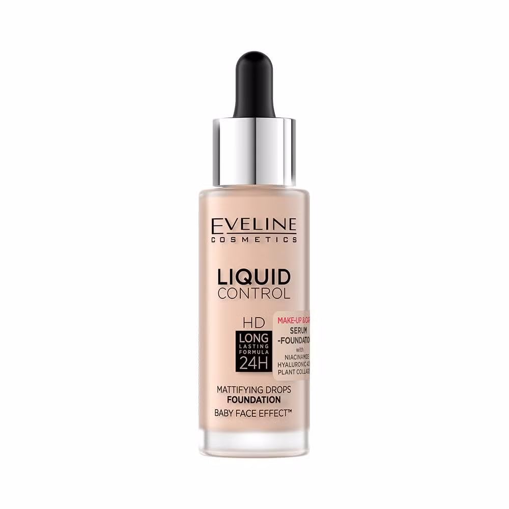 Eveline Cosmetics Liquid Control HD Foundation - 24-Hour Hydration & Coverage with Niacinamide, Hyaluronic Acid & Plant Collagen