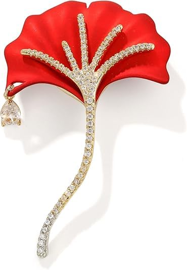 Luxury Red Rose Brooch Pin Crystal Metal with Diamond Leaves Fashion Accessory for Clothes Bags