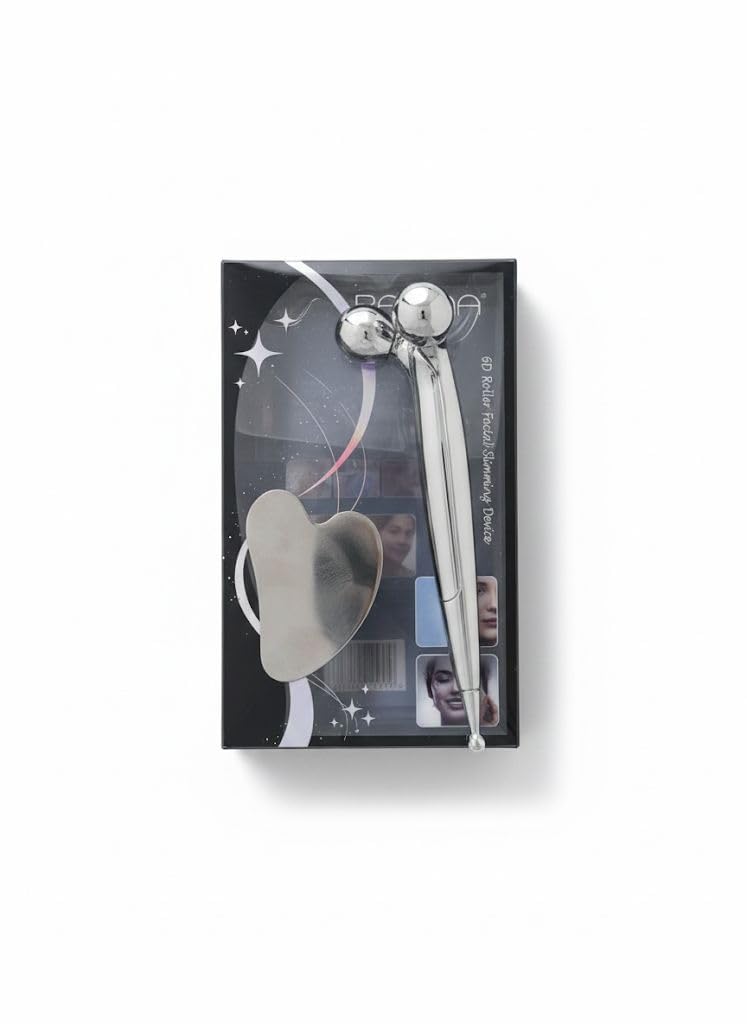 Stainless Steel Facial Massager Roller Portable Facial Massager Skin Care Beauty Tool with Thin Stainless Gua Sha for Easy Use - Silver