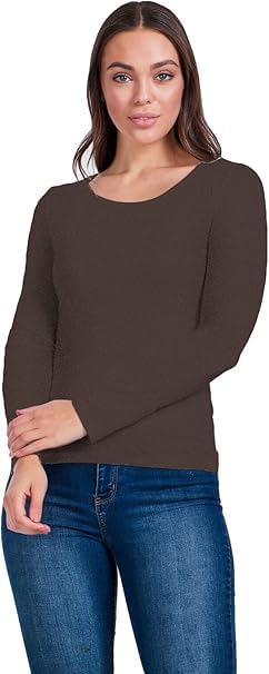 Womens Long Sleeves Round-Neck Cotton Undershirt Basic (Brown, Large)