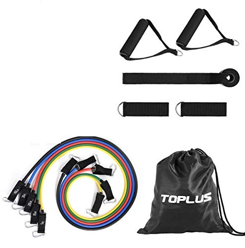 Toplus Collection Resistance Bands Set of 11, Fitness Bands Include 5 Exercise Bands, Door Anchor, Foam Handles, Ankle Straps and Carrying Bag for Yoga, Pilates and More