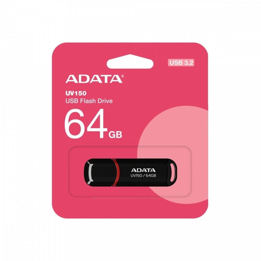 ADATA UV150 64GB USB 3.2 Snap-on Cap Flash Drive, Lightweight and Fast Data Transfer Black (AUV150-64G-RBK)