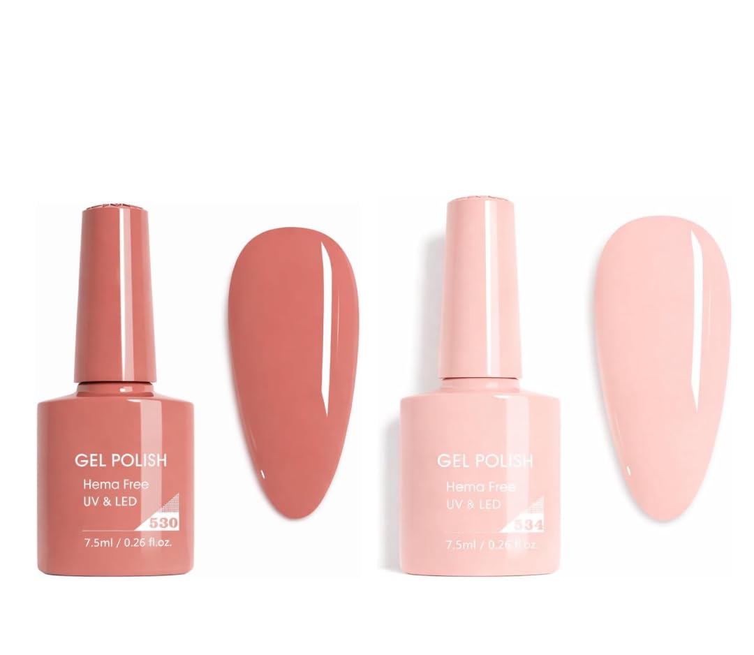 Gel Nail Polish Set 2 Pieces 7.5ml Soak Off UV LED – Warm Coral Nude (530) & Creamy Peach Nude (534), Smooth High Pigment Formula, Long Lasting Glossy Finish for Salon & Home Manicure