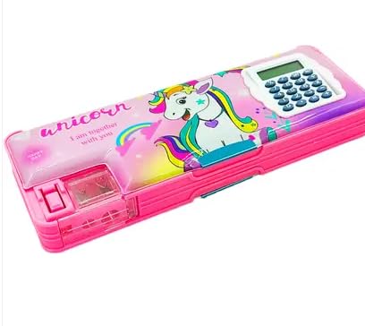 School Supplies (Multipurpose Magnetic Pencil Case with Calculator and Dual Sharpener for Girls Boys School | Large Pencil Case Cartoon Print for Kids, Pack of 1 (Pink))