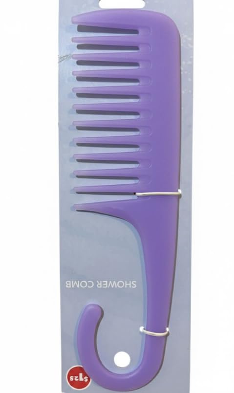 Purple Plastic Hair Comb with Curved Handle - Easy to Hang - Wide Tooth Comb for Wet and Dry Hair