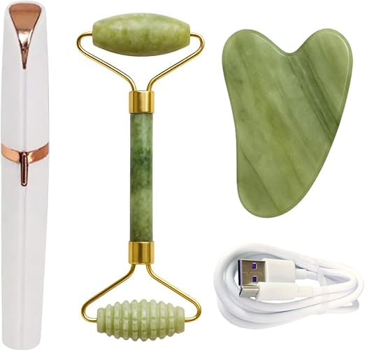 Jade Roller 3-in-1 Beauty Set – Facial Massage Tool, Eyebrow Razor & Gua Sha Stone – Anti-Aging Skincare Kit for Women, Face & Body Relaxation, Hair Removal