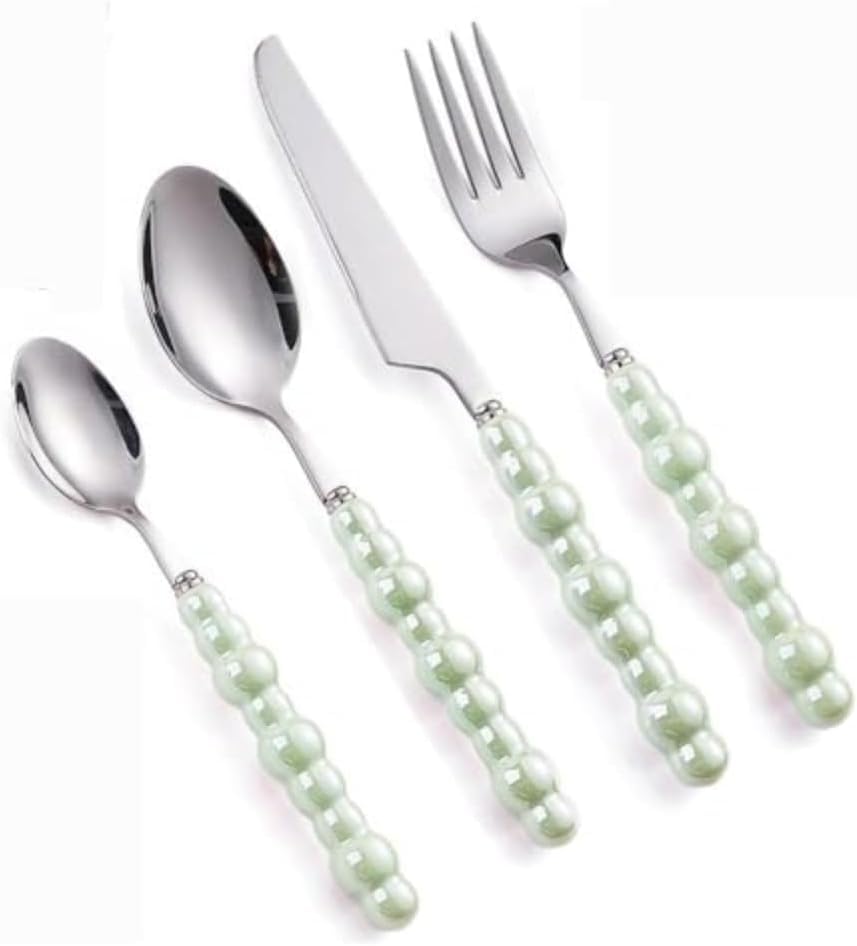 Next Store 4 Piece Pearl Ceramic Handle Flatware Set, Stainless Steel Steak Knife and Dessert Spoon Set, Luxury Hotel Dinner Set for Home and Hospitality (Green)