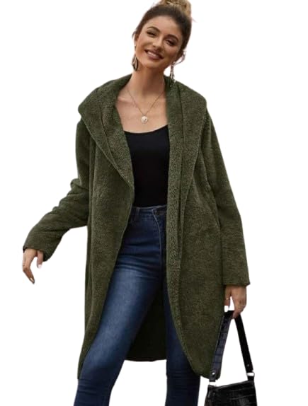 Solid Dual Pocket Open Front with Hood Teddy Coat