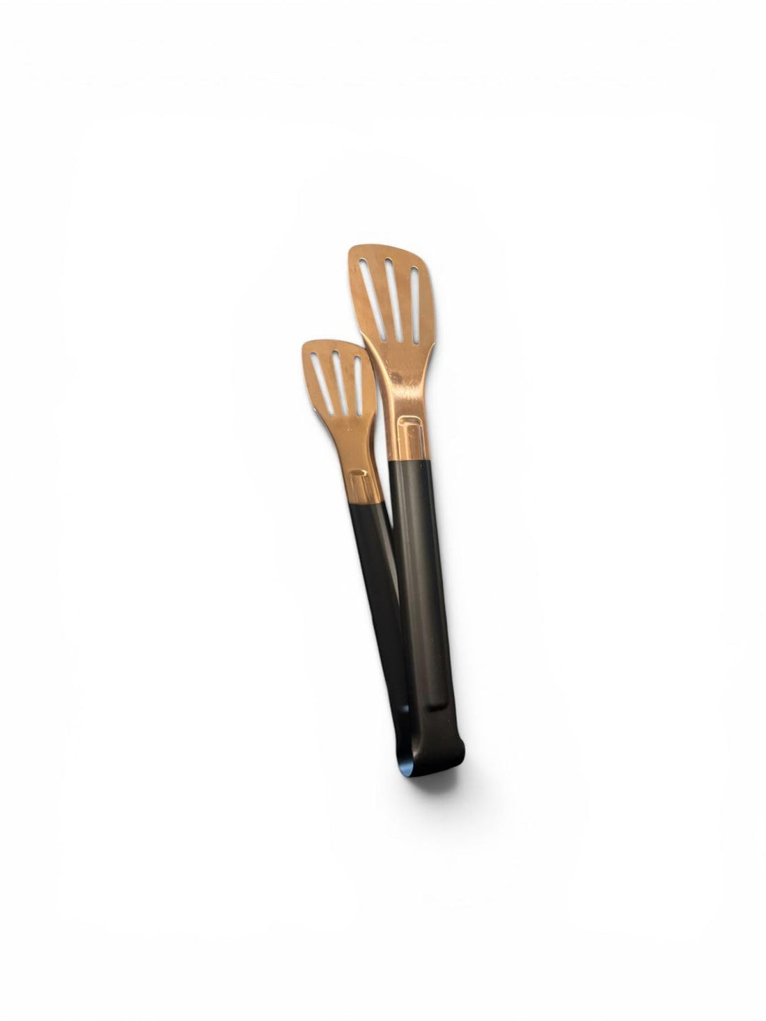 Downtown Stainless steel food tongs in bronze color for barbecue, serving food, desserts and buffets (black handle)