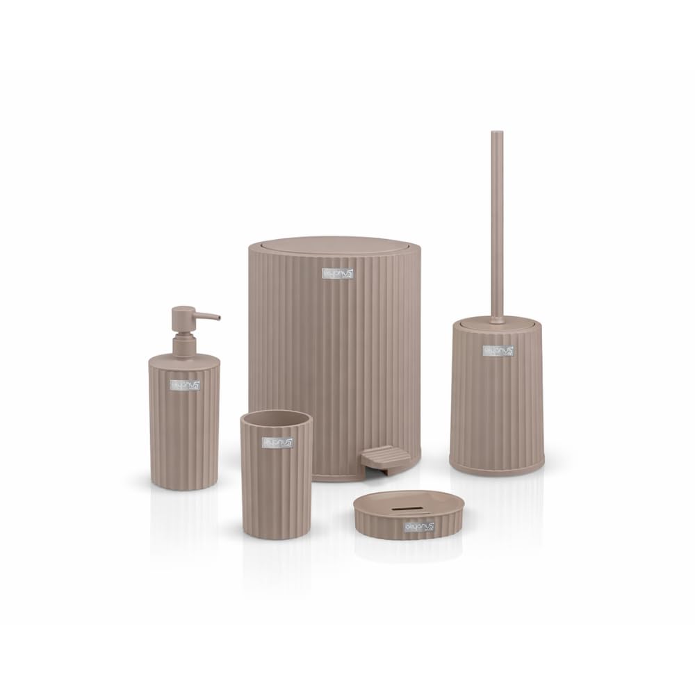 Bathroom Accessories Set 5 Pieces Plastic Modern Ribbed Bathroom Set with 5 Liter Pedal Trash Can Soap Dispenser Toilet Brush Holder and Soap Dish (Beige)