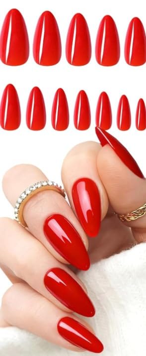 cats PRESS ON gel NAILS-12 pcs Medium Long -easy prsee on- Perfect For Parties, Comes With 1 SHEET DOUBLE FACE GLUE - MIRROR light RED COLOR