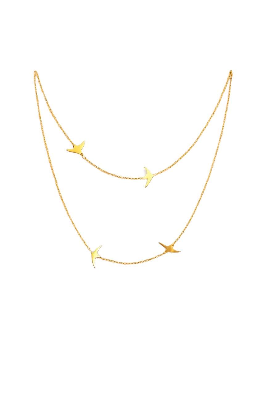 Dainty Gold Layered Bird Necklace, Double Chain Design with Flying Birds Charm
