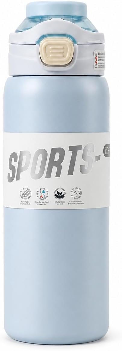 Sports Water Bottle 800ml Stainless Steel Vacuum Insulated Flask with Straw Lid and Carry Handle, Leak-Resistant Hot and Cold Drink Cup, BPA Free, Model 1546 (Blue)
