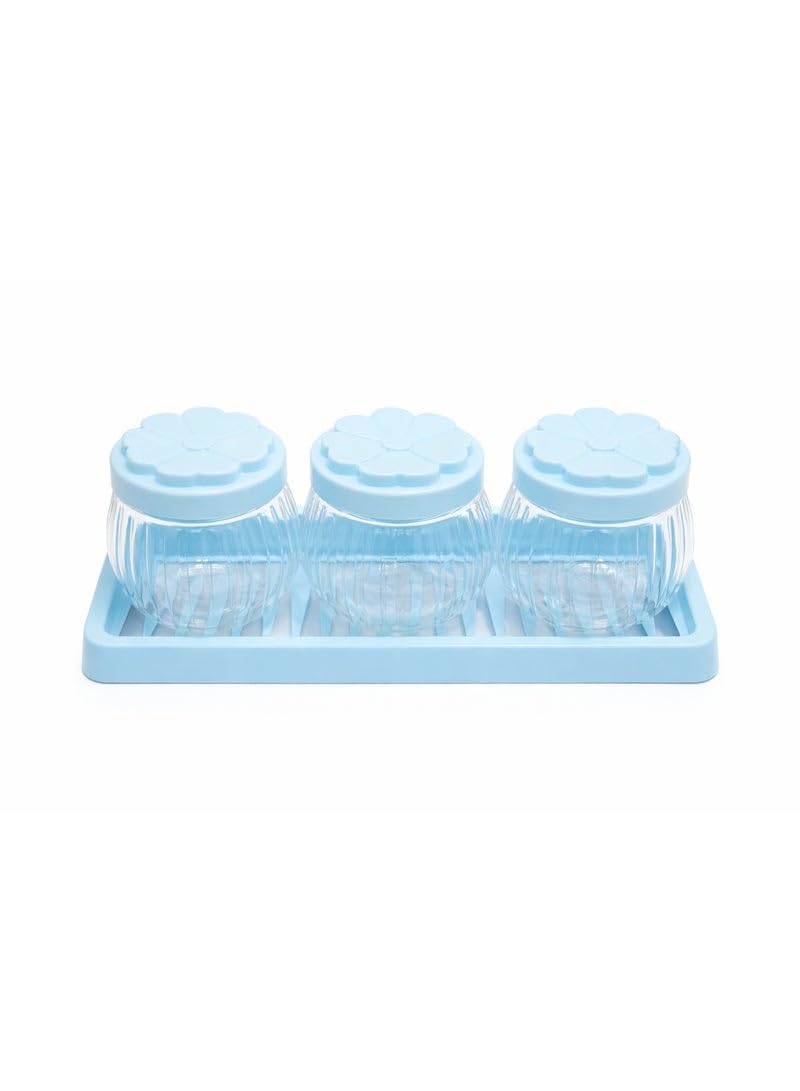 3-Piece Clear Spice and Seasoning Jar Set with Floral Lids and Organizer Tray - Light Blue