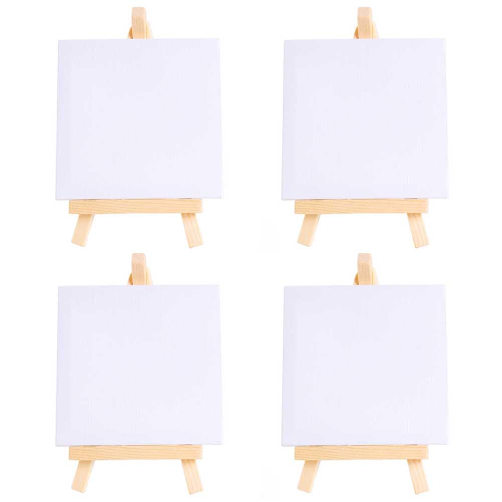 4 Pack Mini Canvas with Wooden Easel, 4x4 Inch White Blank Canvas Panels Small Painting Canvas with Tripod Wooden Display Stand for Acrylic, Oil and Gouache Painting
