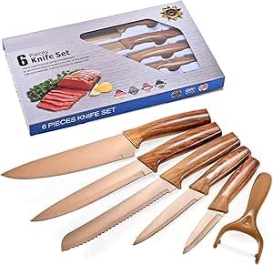 Knife Set 6 Piece Stainless Steel Kitchen Knives with Peeler – Nonstick Coating Chef, Bread, Slicing, Utility & Paring Knives for Home Cooking