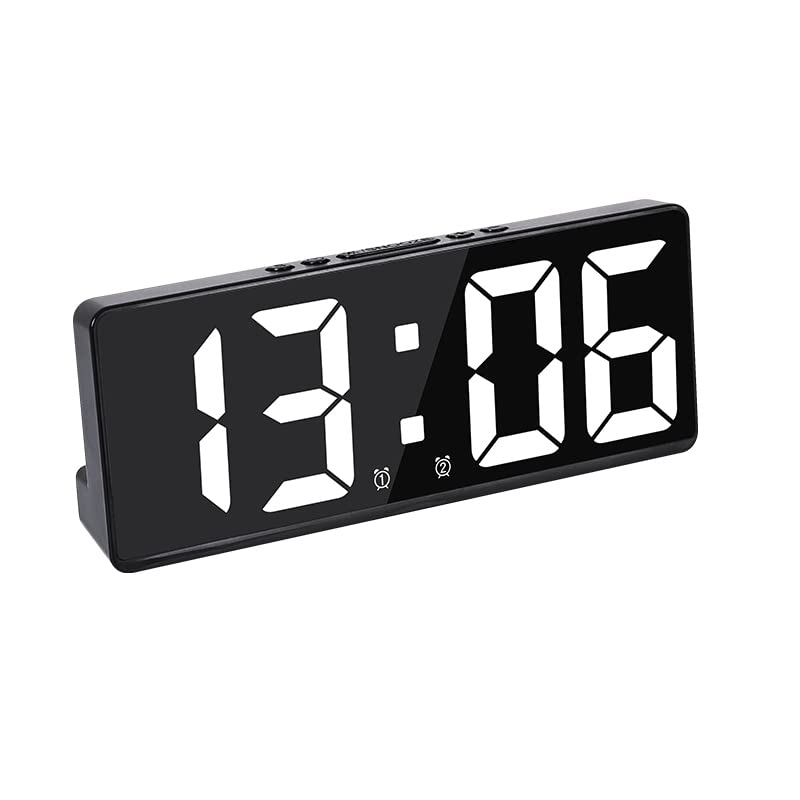 Mokeum Alarm Clock With 6.7" LED Mirror Screen, Big Digit Display, 180° HD, Snooze Function, 5 Dimmer Levels, Dual Alarms, Night Mode, Two Display Modes, USB/AAA Battery Powered (White)