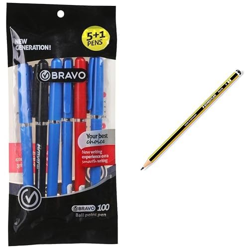 Bravo Stationery Bundle: 100 Ballpoint Pen 6-Pack + Staedtler Noris B Pencil