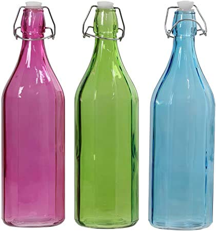 2PK Swing Top Color Glass SQUARE Bottles w Airtight Stopper-33.75oz(1000 ml) Flip Top - For Oil & Vinegar, Wine Beverage, Homemade Juice, Smoothies,(Not For Carbonated Beverages) Random Colors Shipped