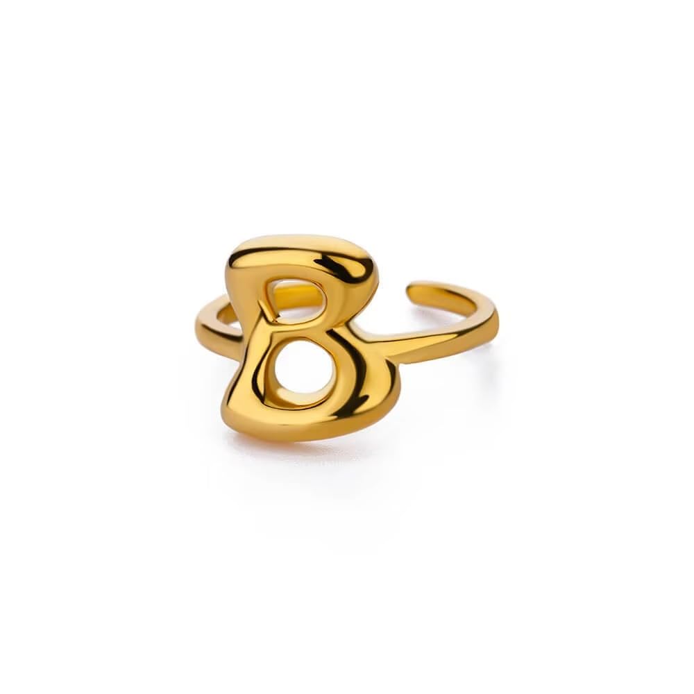 Fayruz Jewelry Bubble Initial Letter Ring for Women 18K Gold Plated Stainless Steel Open Alphabet Letter A-Z Adjustable Ring