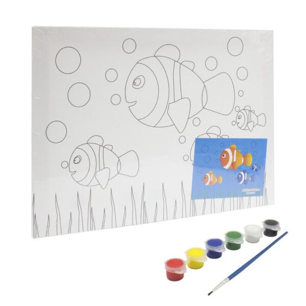 Keep Smiling Canvas Painting Set With Paint Brush & 6 Watercolor For Kids, 30 x25 cm - White Black - 521