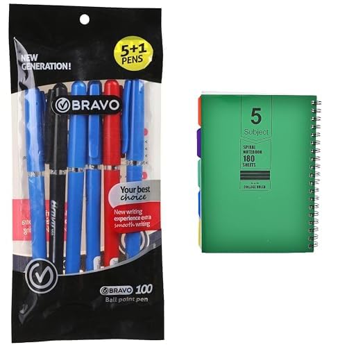 Bravo Stationery Bundle: 100 Ballpoint Pen 6-Pack + Maayergy 5 Subject Spiral Notebook B5