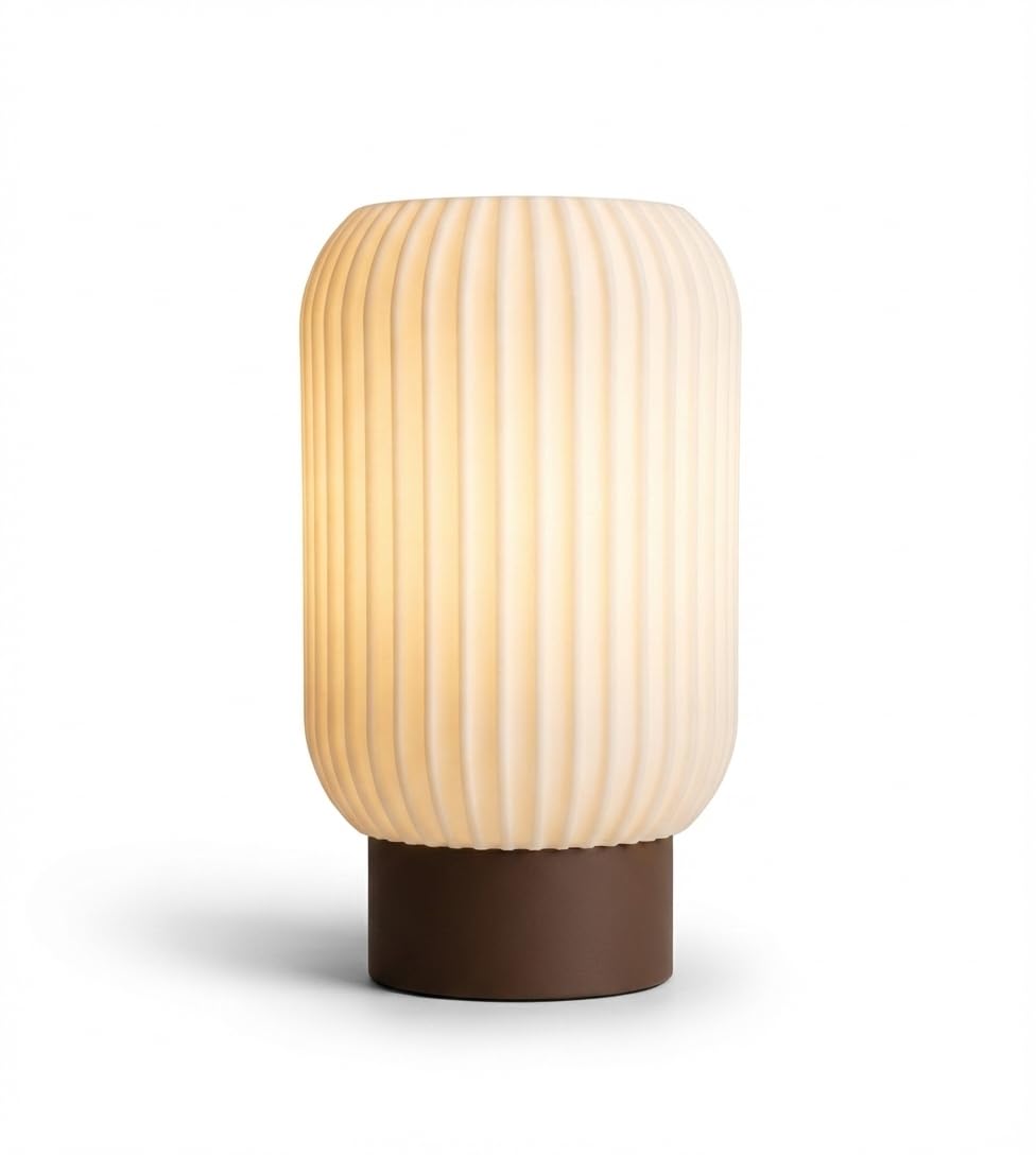 Modern Ribbed Table Lamp "Vireo" – Nordic Capsule Nightstand Light with Dark Cylinder Base & Soft Warm Glow – Durable ABS Bedside Lamp for Bedroom, Living Room & Office Decor – White/Dark Brown