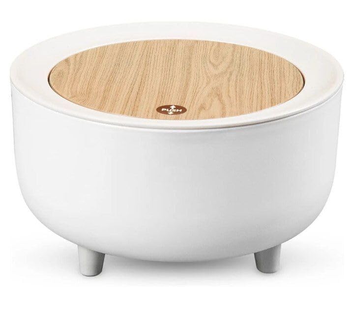 Next Store Fantasy Round Mini Basket "Touch" Smart Desktop Bathroom Trash Can with Wooden Lid and Stylish Legs Practical Decor for Desks and Dresser