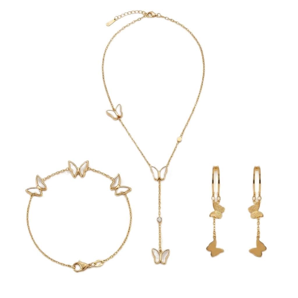 Stainless Steel Women Accessories Set - Fashion Style Collection (Butterflies, Clovers, Coins) - Necklace, Bracelet and Earrings - Fixed Gold Plating No Discoloration