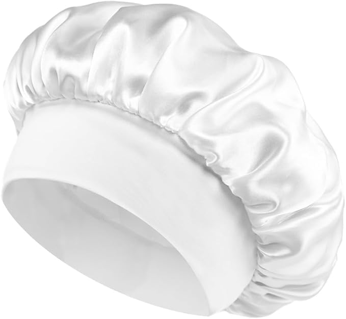 gold stone Satin Sleep Bonnet Cap, White, Elastic Band