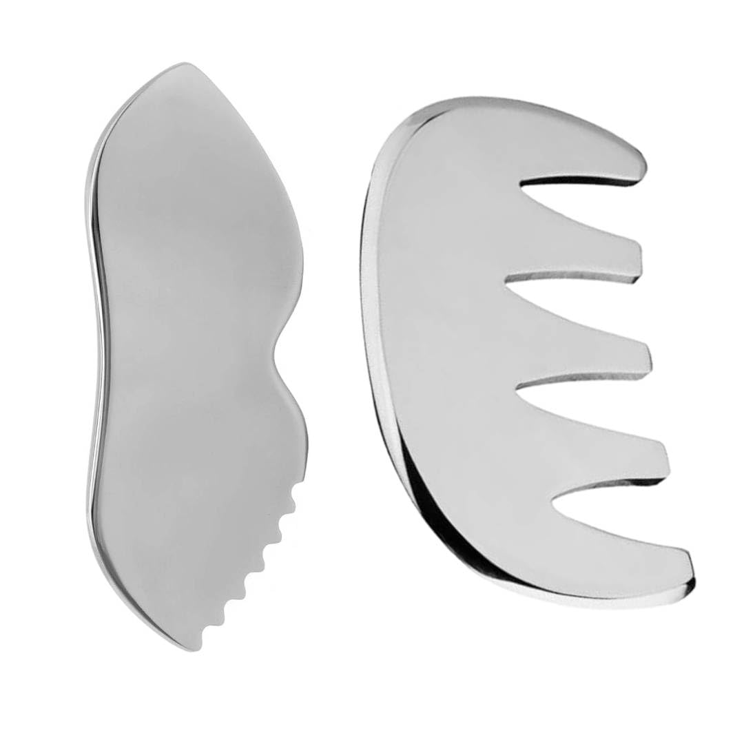 2-Piece Stainless Steel Gua Sha Set – Scalp Massage Comb for Healthy-Looking Hair + Multi-Use Face, Body, Eyes & Neck Tool – Cooling, Smooth, Durable – Relaxing Self-Care Kit for Home & Travel